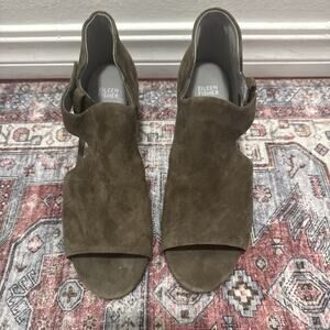 Eileen Fisher Gray Brown Leather Stacked Heels Olive Booties New Size 10 Women’s